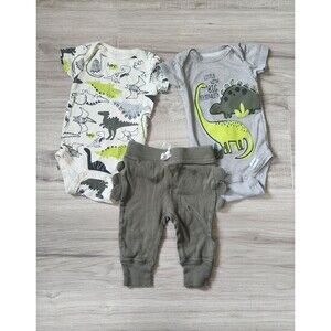 Gerber Baby Outfit Set 0-3M Dinosaur Bodysuit Pants Gray Green 3pc Cotton